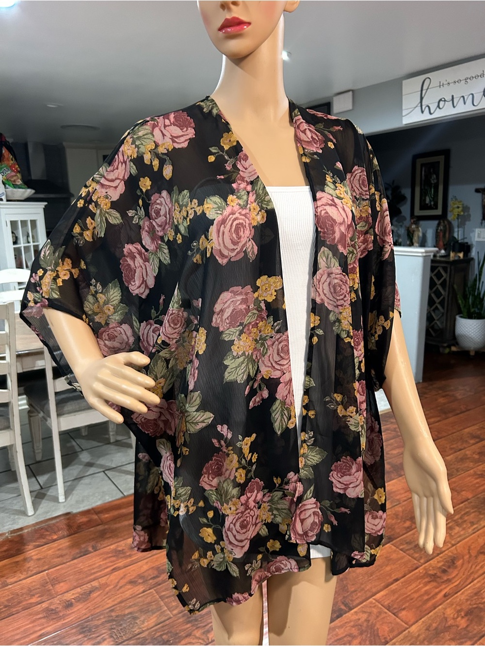 Maurices Floral Black kimono with Pink and Green Accents